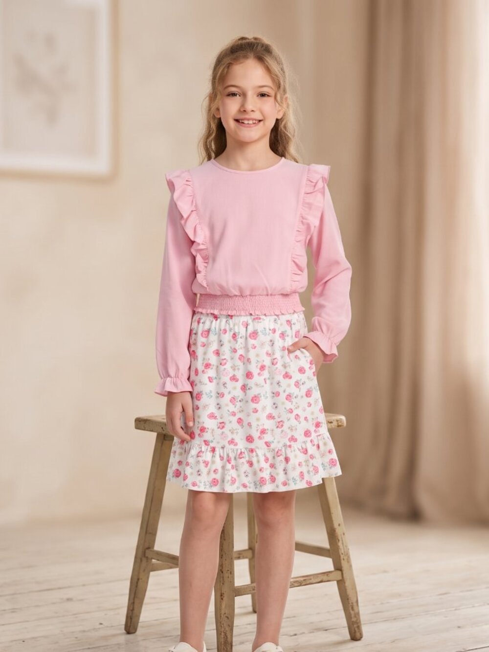NWT | Girls Pink Long Sleeve Ruffle Top & Floral Tiered Skirt Outfit Set | 10/12